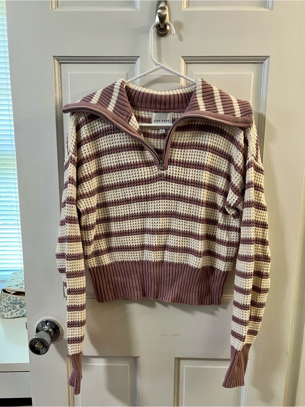 Rails Mauve and Cream Striped Half-Zip Sweater